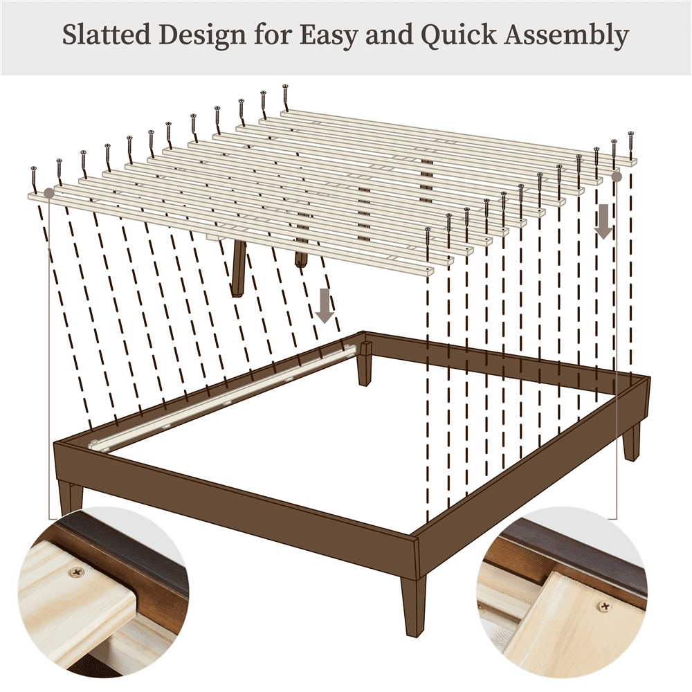 Renwick Full Size Wood Platform Bed Frame for Adult, Dark Walnut