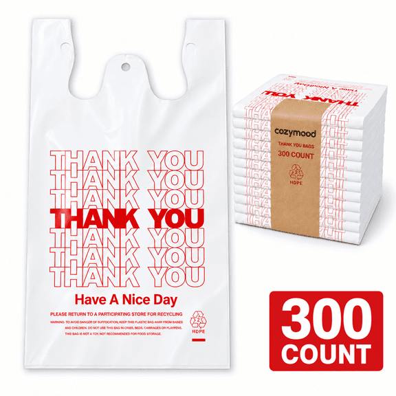 Cozymood 300 Count White Thank You Bags with Handles, 11.5 x 6.5 x 21 in Plastic T-Shirt Grocery Bags