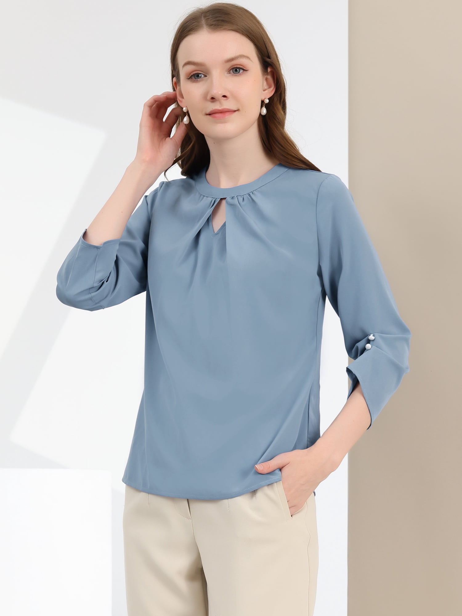 DARING DIVA Round Neck Keyhole Pleated Shirred Work Top S Grey Blue