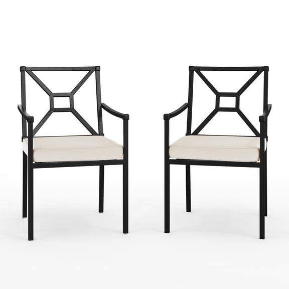 Martha Stewart Set of 2 Indoor-Outdoor Stackable Patio Dining Armchairs with Steel Frames in Black with Cream All-Weather Cushions