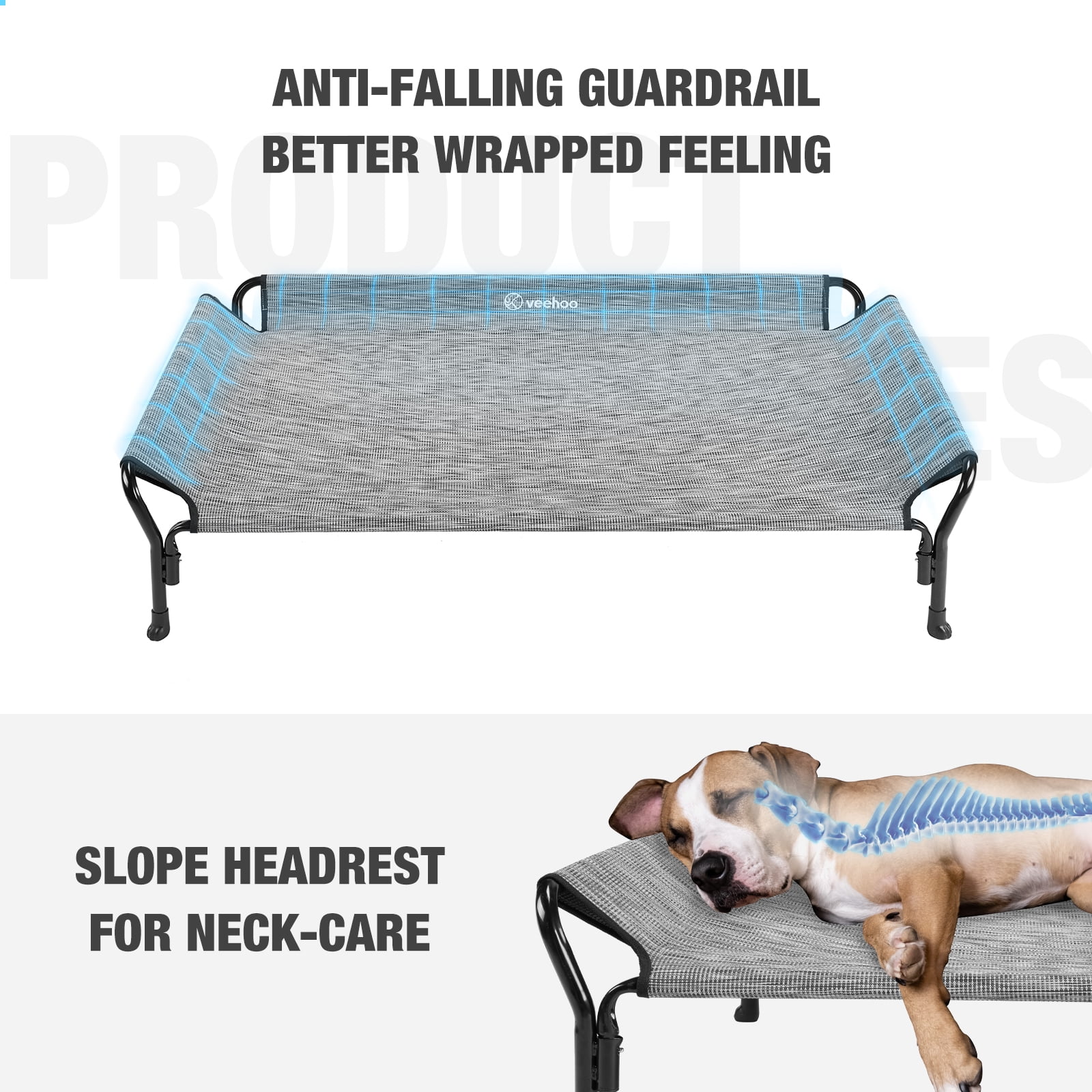 Veehoo Cooling Elevated Dog Bed with Guardrail & Slope Headrest, Teslin Mesh, Large, Black Silver