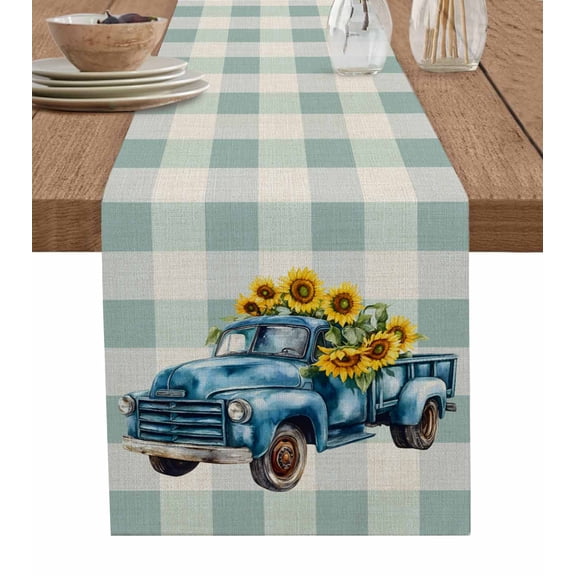 Blue Truck Yellow Sunflower Table Runner 108 Inches, Summer Teal Plaid Vintage Bed Runner Dresser Scarves Tabletop for Indoor Outdoor Parties/Ceremony/Banquet, 13"x 108"