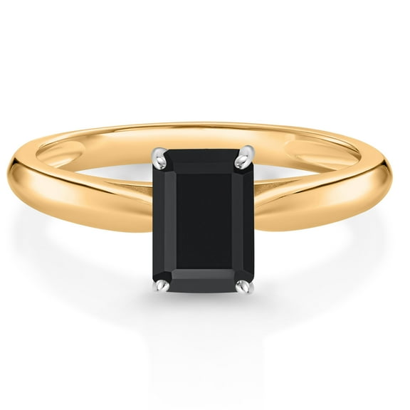 Gem Stone King 0.97 Ct Octagon Black Onyx 10K Yellow and White Gold Solitaire Engagement Ring (Size 5)