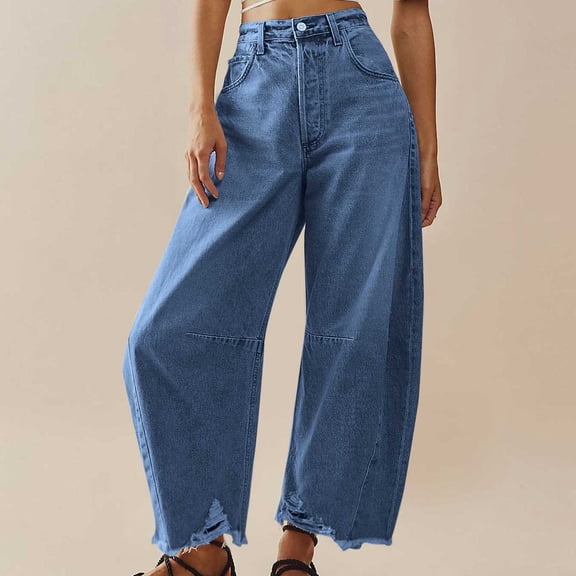 Womens Baggy Wide Leg Jeans Vintage High Rise Barrel Pants Plus Size Long Trousers with Pocket