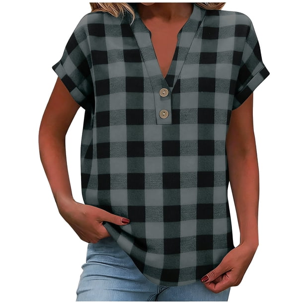 Blusas para las Mujeres Casual Verano Botón Sólido Cuello en V Suelto Camiseta Blusa Tela Suave Transpirable para la Oficina Casual Uso Diario Camisa de Denim Vestido Mujeres