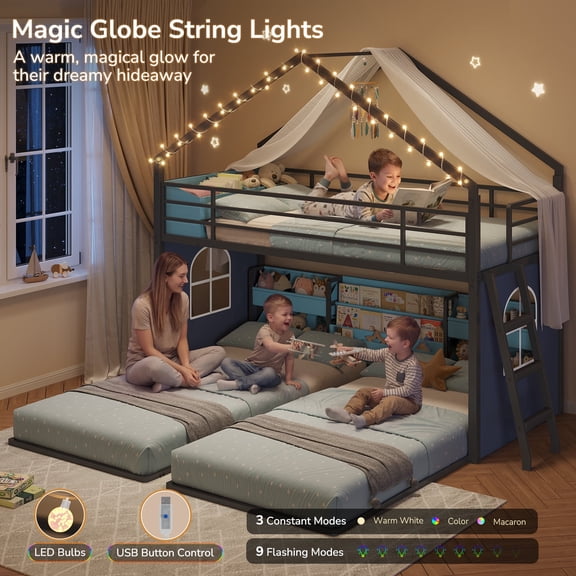 Triple Bunk Bed with Globe String Lights and Bookshelf for 3 Teens/Adults, Twin over Twin over Twin Metal Triple Bunk Bed Frame with Storage Bins & Safety Guardrails & Ladder, 3 Beds Bunk Beds, Black
