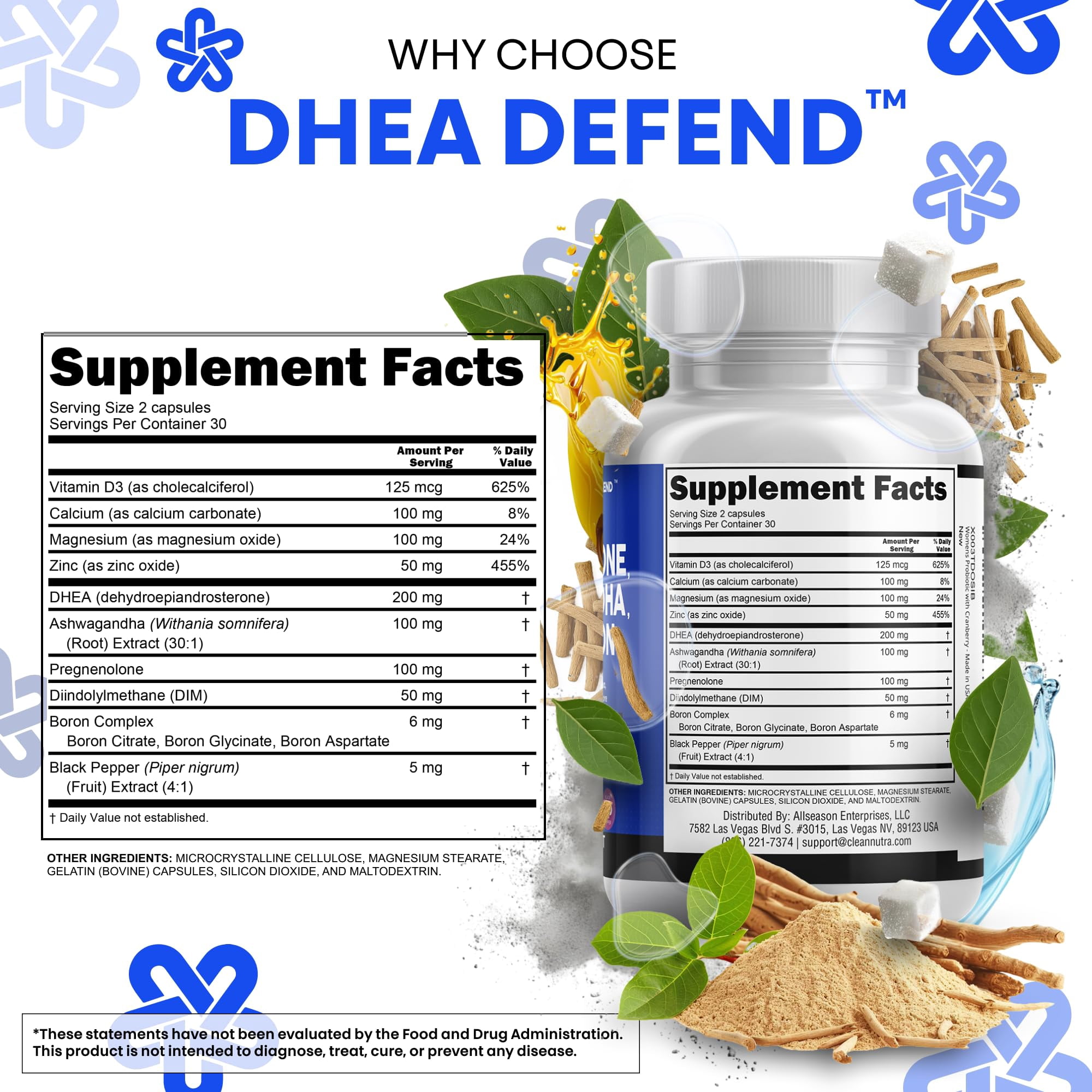 DHEA 200mg Supplement Pregnenolone 100mg for Men & Women with DIM Ashwagandha Boron 6mg Complex Calcium Magnesium Zinc 50mg Vitamin D3 5000 IU Hormone Support Capsules Pills Made in USA 60 Count
