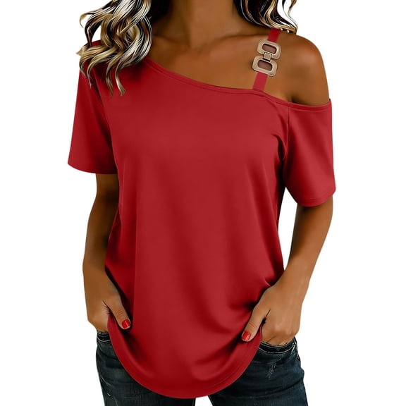 Atogsazn Womens Summer Off Shoulder Shirts Casual Short Sleeve Loose Fit Shirt Flowy Tunic Tops Blouse Red M Fashion