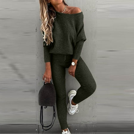 Brilliant 2 Piece Outfit for Women Pants Matching Set Womens Sweatpants Women s Fashion Suit Long Sleeve Color Round Neck Sweatsuit Green M
