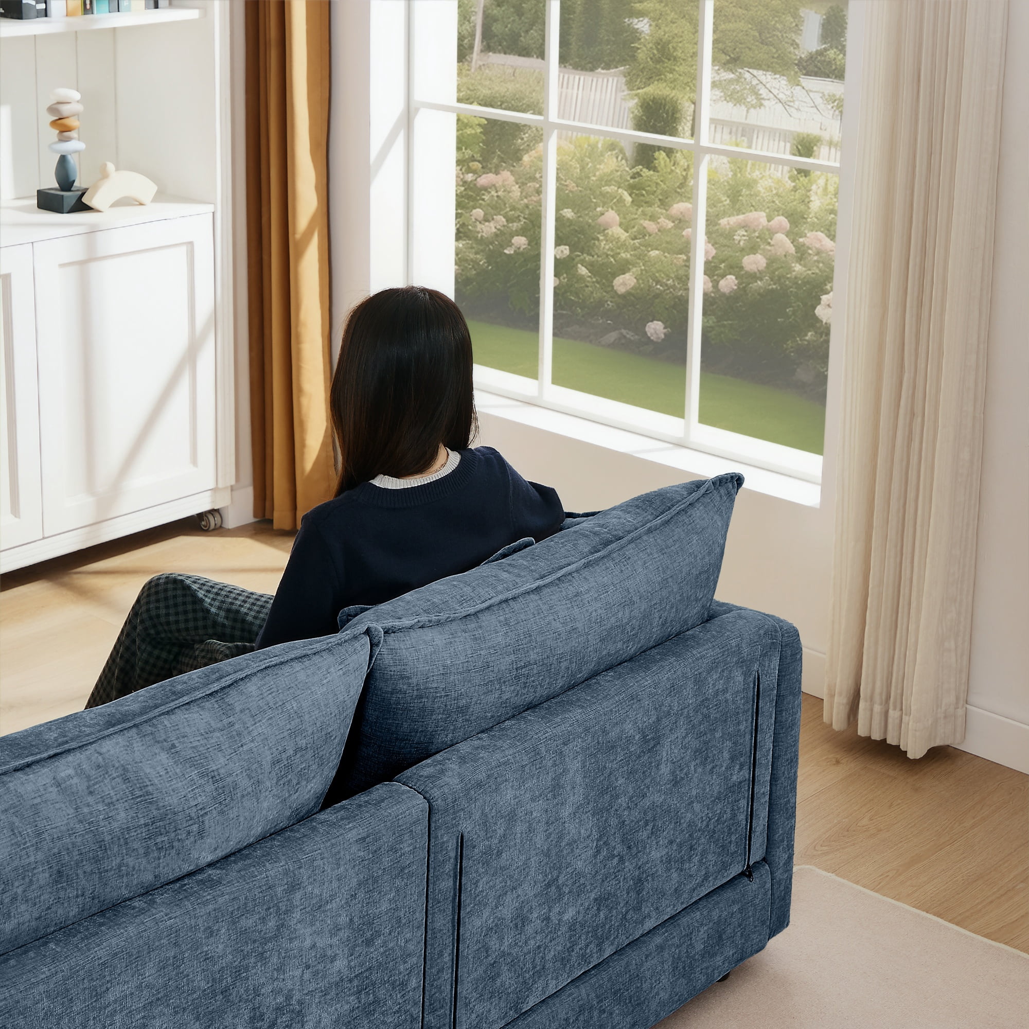 BINBANK Sectional Modular Sofa L Shaped Chenille Fabric Couch with High Supportive & Soft Sponges and Removable Ottoman, Sleeper Comfy Upholstered Furniture for Living Room,3-Seater,Blue