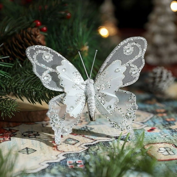 LAMIRO 3 Pcs Glitter Butterfly Ornaments Hollow-Out Butterfly Christmas Decorations Artificial Ornaments with Clips for Xmas Holiday Crafts and Tree (Silver)