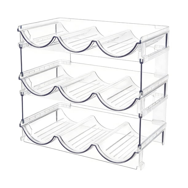 Estante para botellas de vino de plástico transparente, organizador de almacenamiento de botellas de agua, estante apilable y desmontable de 3 compartimentos para cocina, despensa, bar, refrigerador,