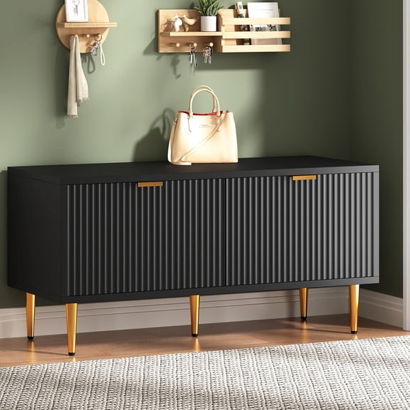 Shoe Storage Bench for Entryway, Modern Fluted Shoe Cabinet with Storage, Compact Wooden Mudroom Bench for Hallway, Foyer, Entrance, Front Door
