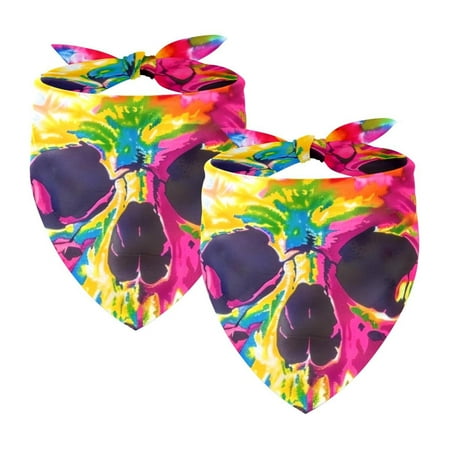 PhooArto Colorful Tie Dye Skull Pattern Dog Bandanas 2 Pack Soft Washable Pet Scarf Triangle for Large Dogs Puppies and Cats