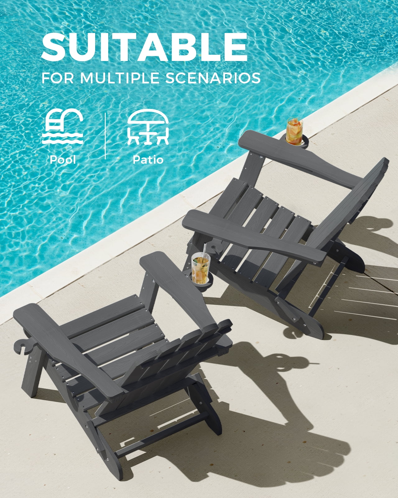 Folding Adirondack Chair, HDPE Patio Adirondack Chair with 2 Cup Holders, All-Weather Outdoor Chairs, Fire Pit Chairs for Patio, Garden, Poolside, Gray