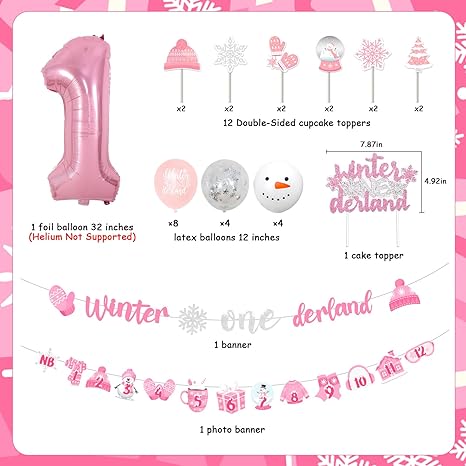 Winter Onederland 1st Birthday Girl Decorations, Winter Onederland Snowflake Banner Monthly Photo Banner Cake Cupcake Toppers, White Pink 1 Foil Balloon for Girls First Birthday Party