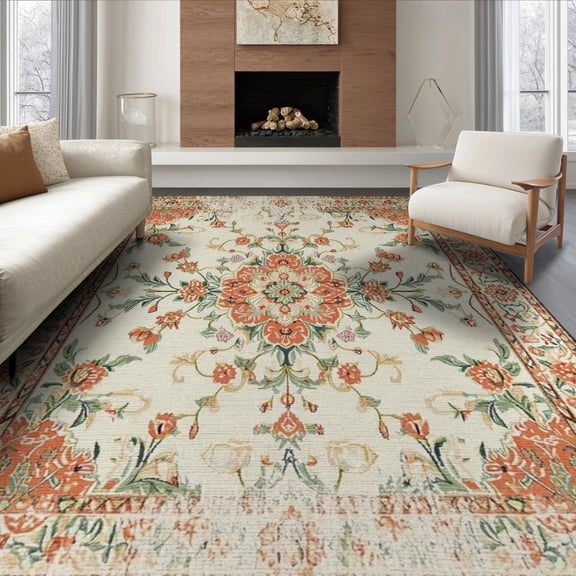 ODIKA 8'x10' Washable Area Rug Vintage Floral Medallion With Distressed Scrolling Vine Border for Dining Room, Large Office, Lounge, Non-Slip Chair-Friendly Mat