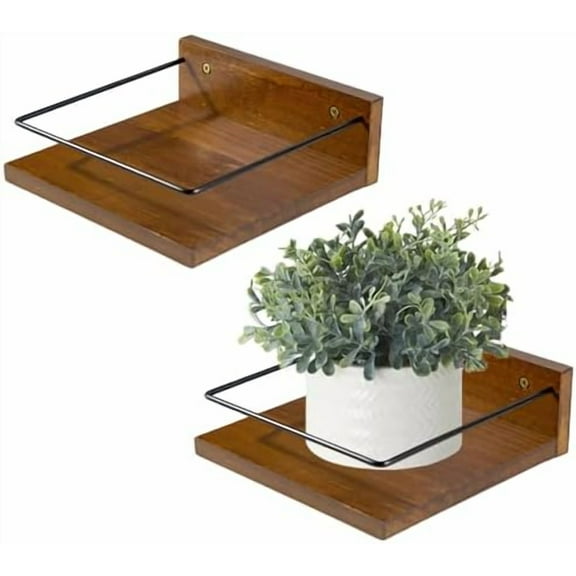 Wall Mounted Plant Holder, Wooden Floating Shelves for Flower Pot Wall Hanging Wood Rack Farmhouse Small Decorative Wall Shelf for Bedroom Living Room Bathroom Porch Balcony Decor (2 Pack)