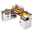 thumbnail image 3 of Sioweci Farmhouse L Shaped Executive Desk with 2 Drawers, Home Office Desk with Under-Desk Storage Shelf and Charging Station, File Cabinet Storage,Corner Computer Desk for Work(White Brown), 3 of 11
