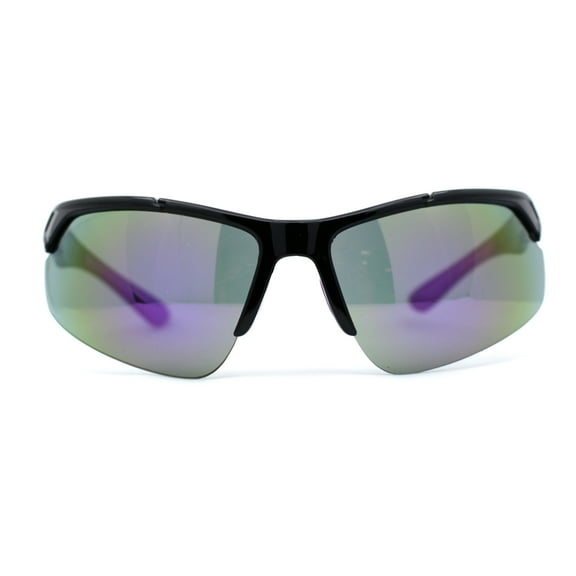 Mens Color Mirror Baseball Half Rim Wrap Plastic Sport Sunglasses Black Purple Mirror