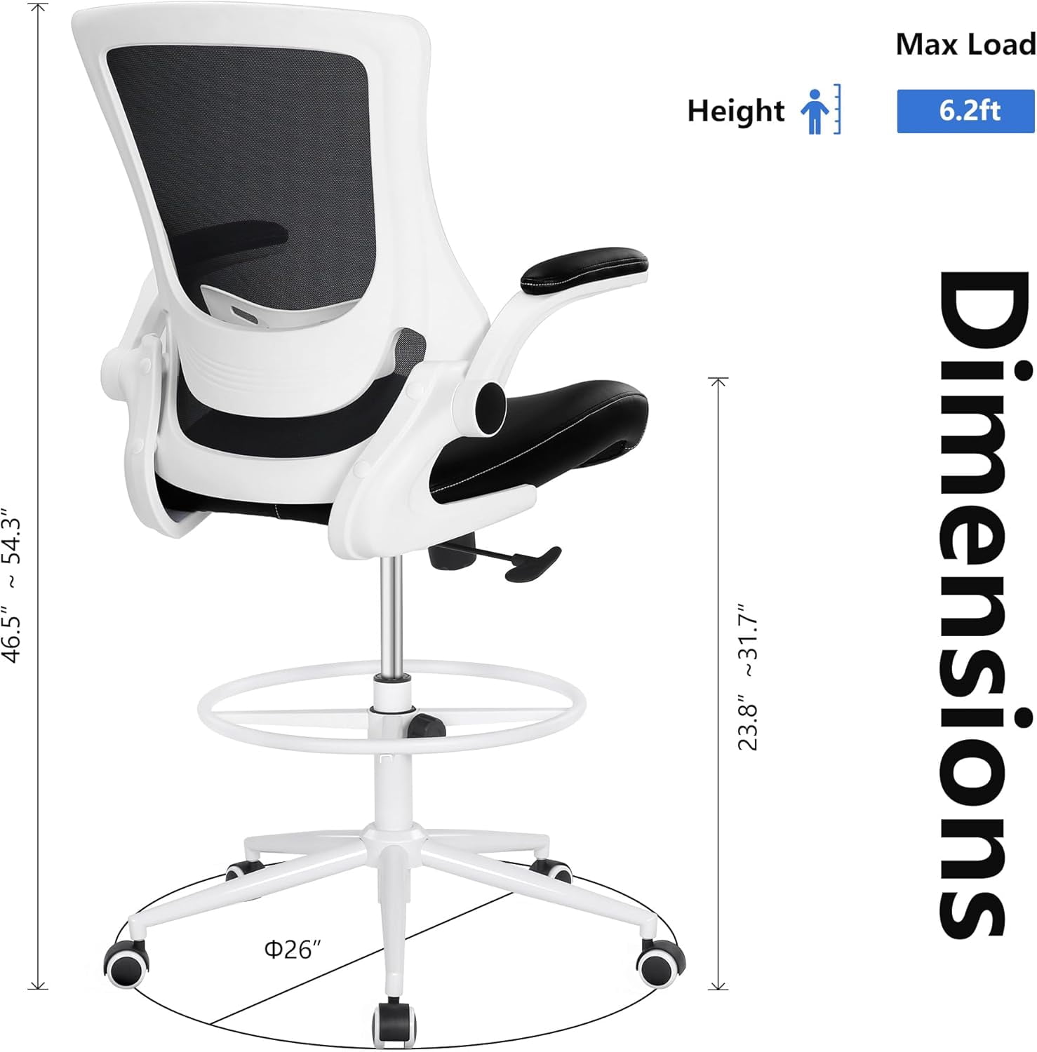 Misolant Office Chair, Drafting Chair for Standing Desk, High Office Chair with Adjustable Lumbar Support, Flip-up Arm and Footrest Ring, Drafting Chair for Bar Height Desk