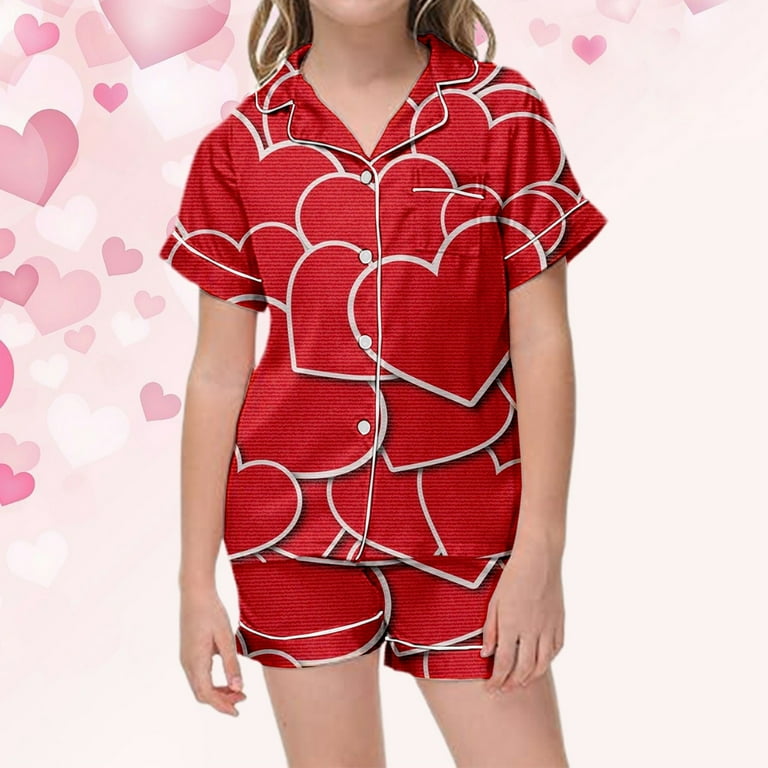 Girls Satin Valentine Pajamas Heart Print Funny Short Sleeve