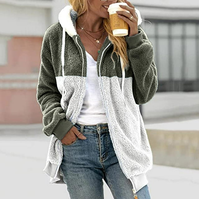 Vestes d'Hiver pour Femmes Mode Chandail à Fermeture Éclair Col en V Manches Longues Blouse à Capuche Chandail en Molleton Veste Femmes en Liquidation