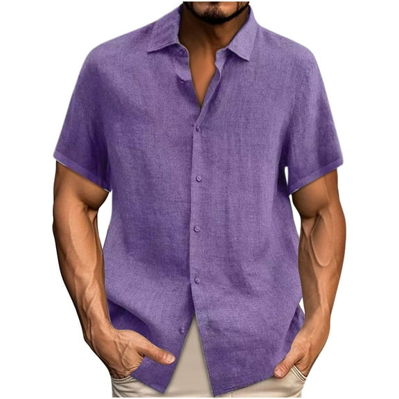 Mlkoz Linen Shirts for Men Short Sleeve Collared Casual Beach Summer Tops Solid Color Vacation Shirts with Pocket Button Up Shirt