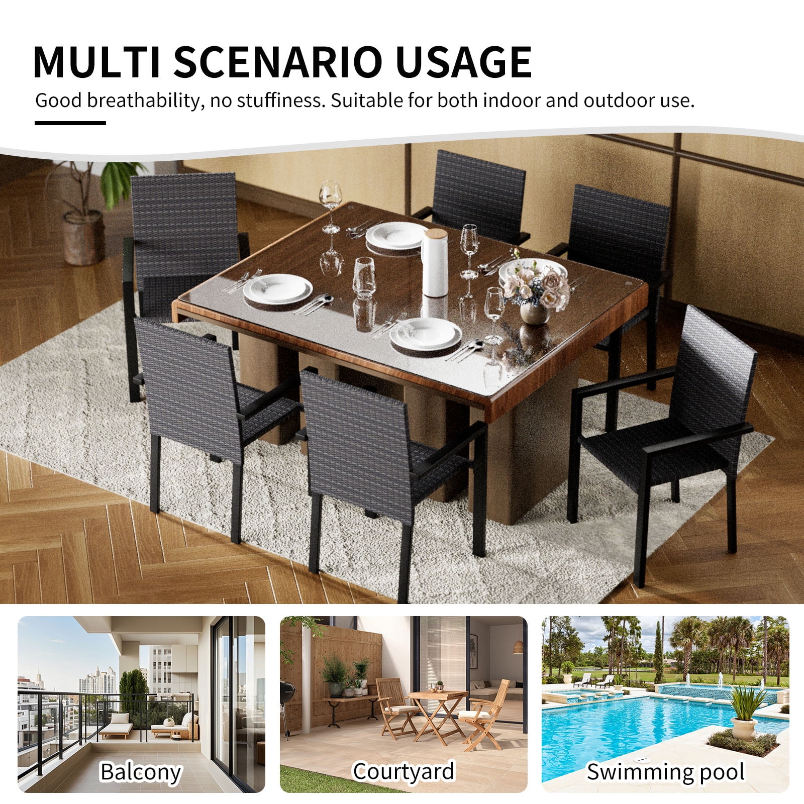 Set of 2 All-Weather Stackable Wicker Patio Chairs for Outdoor, Garden, Poolside (Black)