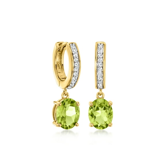 Ross-Simons 3.20 ct. t.w. Peridot and .25 ct. t.w. Lab-Grown Diamond Hoop Drop Earrings in 18kt Gold Over Sterling, Women's, Adult