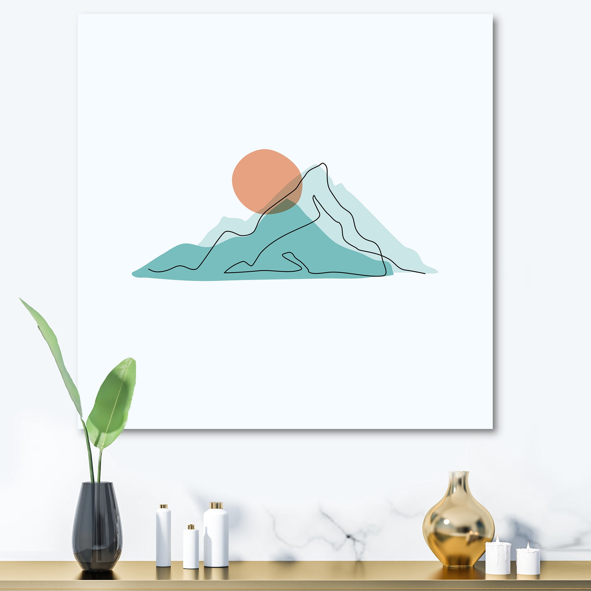 Designart ' Abstract Blue Mountains With Red Moon II ' Modern Canvas Wall Art Print
