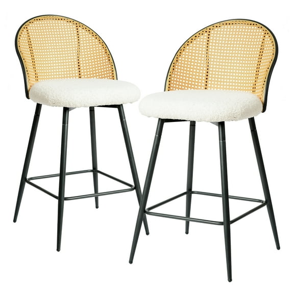 Rattan Bar Stools Set of 2, 26 Inch Modern Upholstered Fleece Counter Height Barstools, Kitchen Stools with Cane Backrest & Sturdy Metal Legs, Bar Chairs , Beige