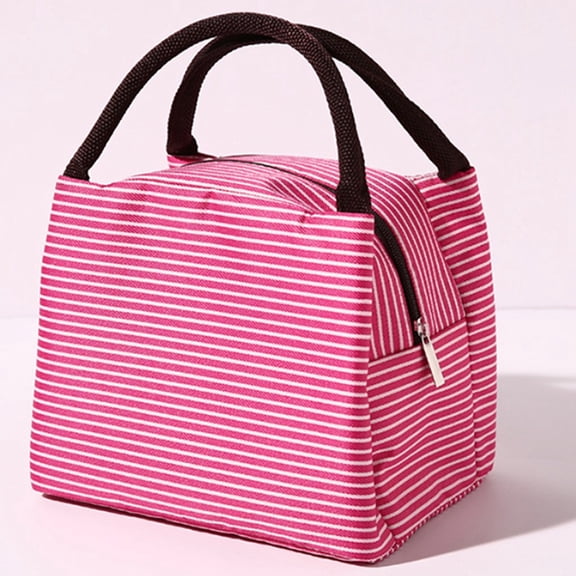 Lunch Box Insulated Reusable Portable Stripe Oxford cloth Lunch Bag Leakproof Cooler Bag for School Lunches Work Lunches Outdoor Picnics Lunch Box for Women Men (Hot Pink)