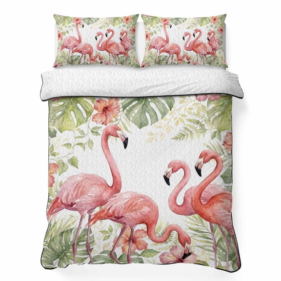 Quilts Full Size Bedding Set, Pink Flamingo Lightweight Quilted Comforter, Tropical Summer Palm Leaves Floral Watercolor Reversible Bedspread Coverlet with Pillow Covers for All Season, 78" x 90"