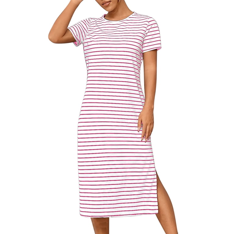 striped t shirt dress bodycon LEKWK Dresses for Women Short Sleeve Crew Neck Midi Side Split Casual Dress Slim Fit Summer Daily Wear unlined Style AUGUST 2025 Red Off Shoulder Bodycon Color:Blue/Peach