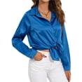 thumbnail image 2 of Blusas de Satén para Mujer, Camisas de Seda con Botones, Blusas Informales de Larga para Negocios Azul M, 2 of 7