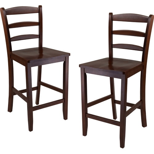 Set of 2 Ladder Back 24&#34; Counter Height Barstool Hardwood/Walnut - Winsome: Solid Wood, Unupholstered, Antique Finish