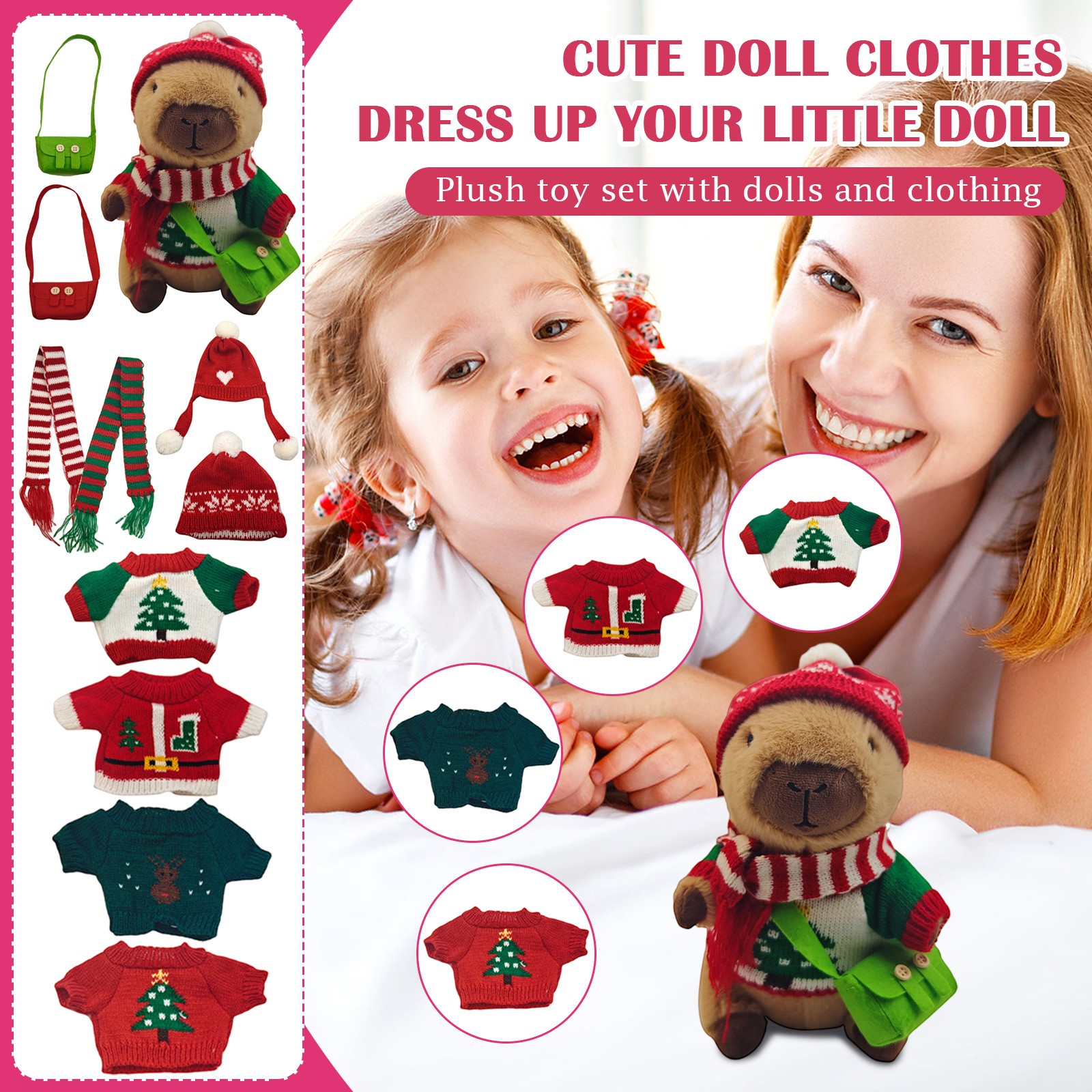 9.84" Capybara Plush Toy Set (11Pcs) - 1*Plush Dolls & 4*Clothings & 2*Head Covers & 2*Bags & 2* Scarves - Cuddly Soft Huggable Stuffed Animals Toy Pillows, Perfect Gifts for Women Teens & Fans