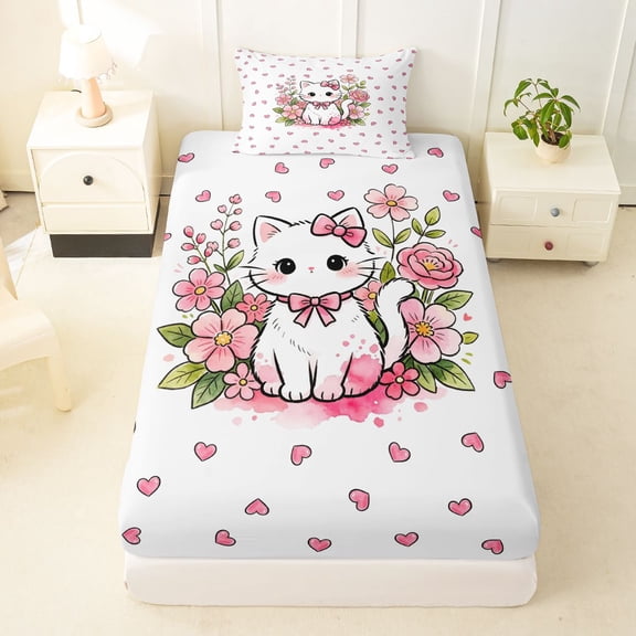 Manfei Bowknot Kitten Twin Fitted Sheet, Cartoon Blossoms Flower Bedding, Pink, 2 Pieces, 1 Fitted Sheet and 1 Pillowcase