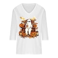 thumbnail image 4 of JOANKDMI Spooky Chic Ghost Drinking Coffee Graphic Tee Women V Neck Long Sleeve Halloween Outfit Cute Pumpkin Print Casual Top for Trick-or-Treat Party Dress Up, 4 of 5