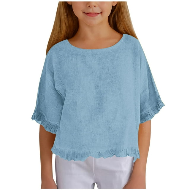 Posijego Hauts en Coton et Lin pour Petites et Grandes Filles, T-Shirt à Manches Courtes à Volants pour Enfants, Col Ras du Cou, Chemises Décontractées d'Été