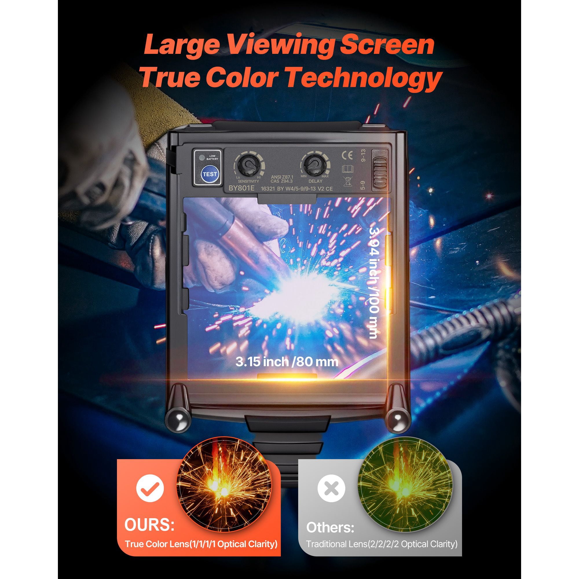 Auto Darkening Welding Helmet, 3.94x3.15 Inch Large True Color Screen, 4 Arc Sensors, 1/20000s Response, DIN 4/5-9/9-13 Adjustable, Solar Powered