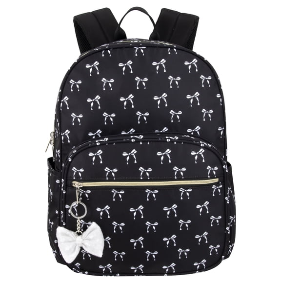 Madison & Dakota Black Bow 17 Inch Backpack with Laptop Pocket & Removable Sequin Keychain