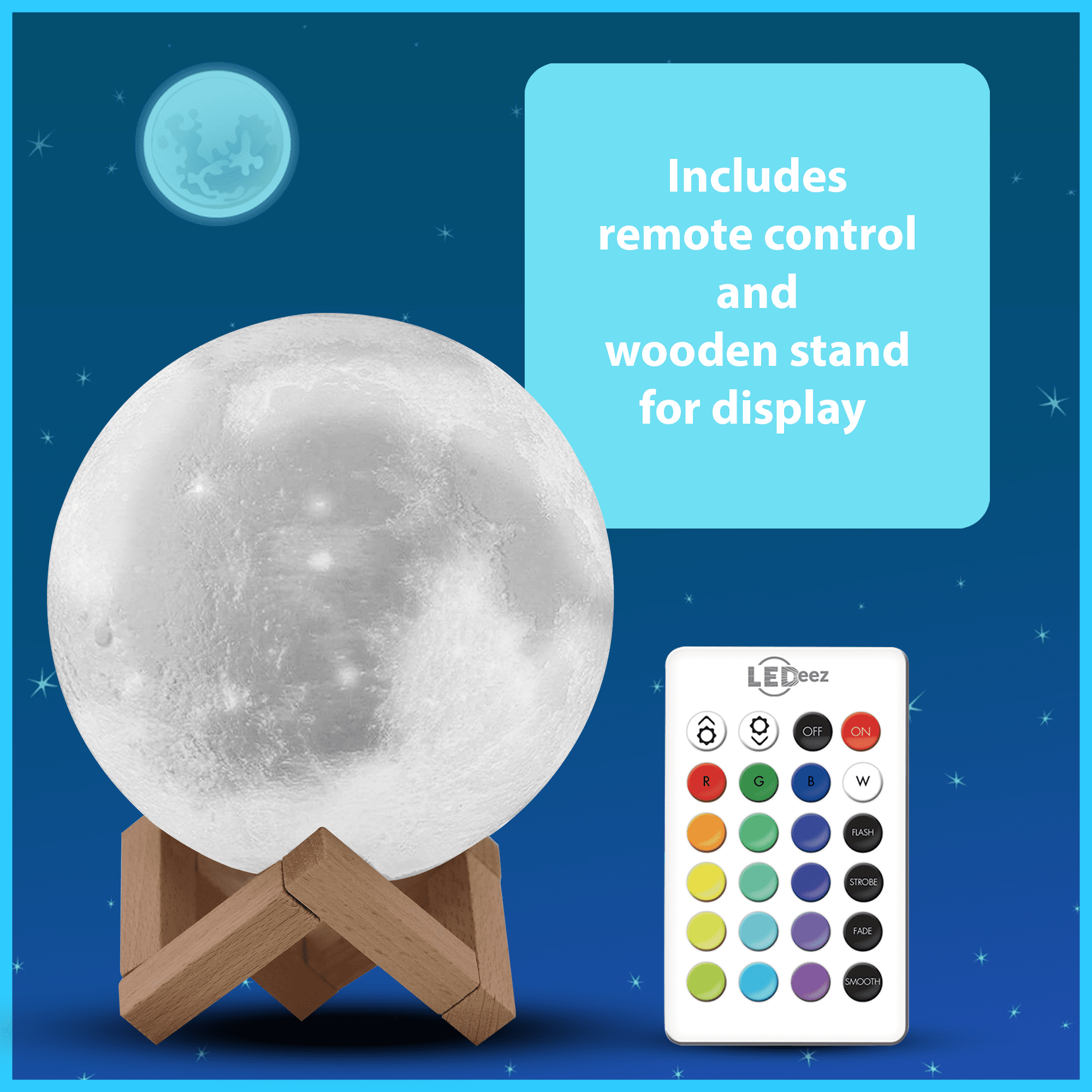 Ledeez LED White Moon Lamp with Wood Display Stand, Remote Controlled, 16 Colors, 4 Modes