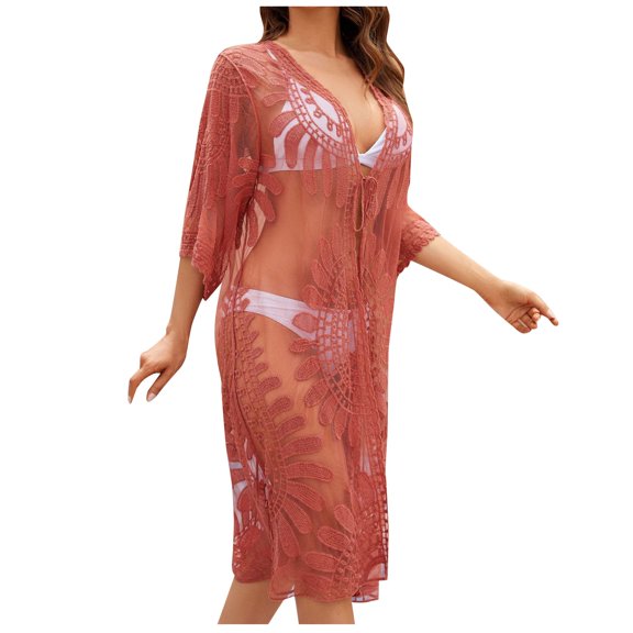 JIAYUE Women's Swimsuit Cover-Ups Half Sleeve Cardigan Solid Color Lace Knee Length Embroidered Top Holiday Bathing Suit Cover Up Cardigan