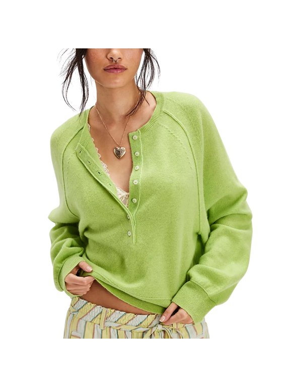 Womens Half Button Pullover Knit Sweater Casual Henley Tunic Tops