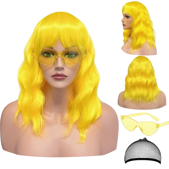 LOHO WONDERZ Juego de peluca ondulada y gafas de sol - Peluca ondulada de 15 pulgadas con flequillo - Pelucas rizadas hasta los hombros resistentes al calor para mujeres - Disfraz de despedida de solt