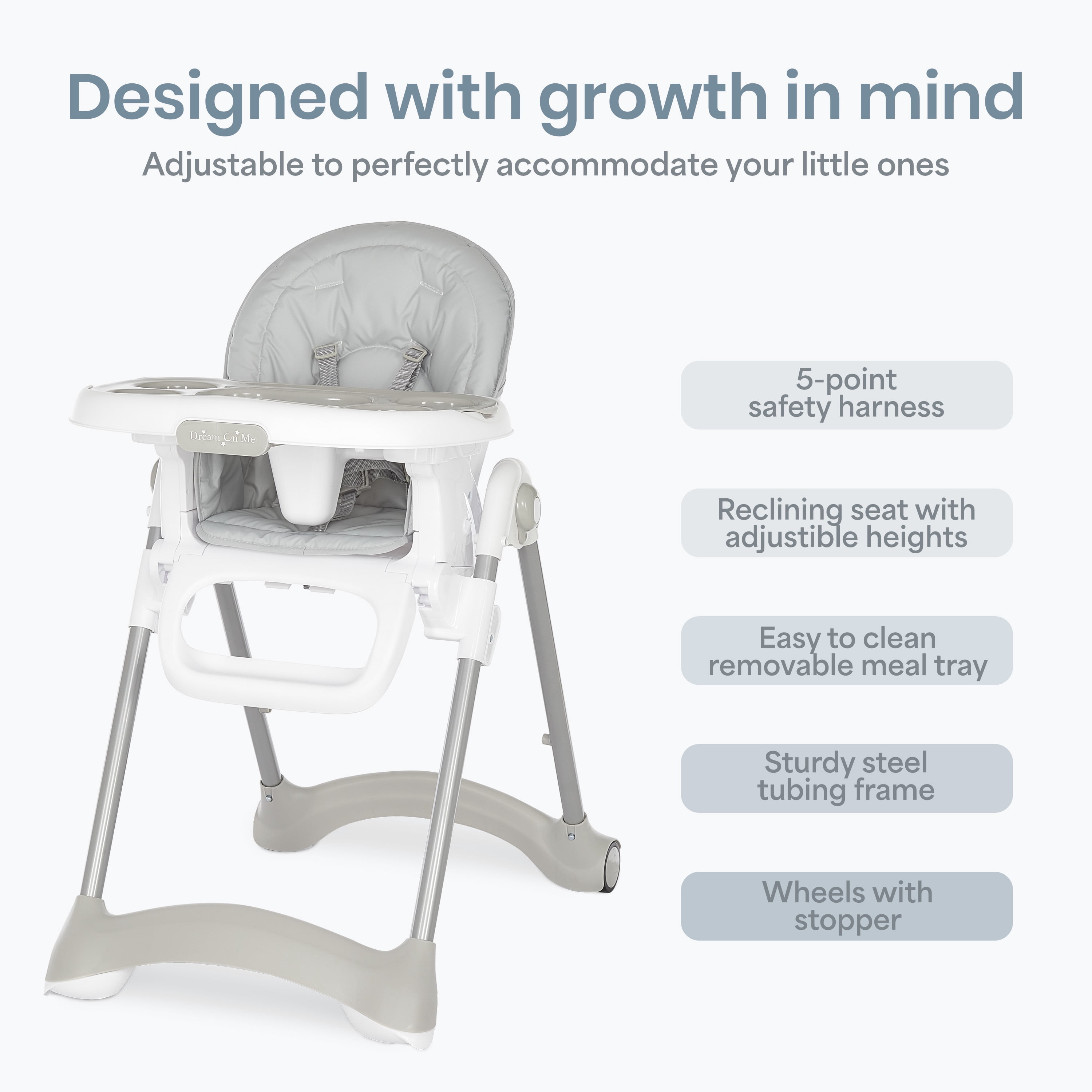 Dream On Me Solid Times High chair, Compact & Sleek High Chair, Multiple Recline and Height Positions, Lightweight Portable Highchair, In Gray
