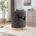 thumbnail image 2 of Velvet Swivel Accent Barrel Chair with Curved Tufted Back, Upholstered Vanity Stool with Gold Metal Base, Leisure Reading Chair with Throw Pillow for Bedroom Hotel Office, 25.2'', Gray, 2 of 7