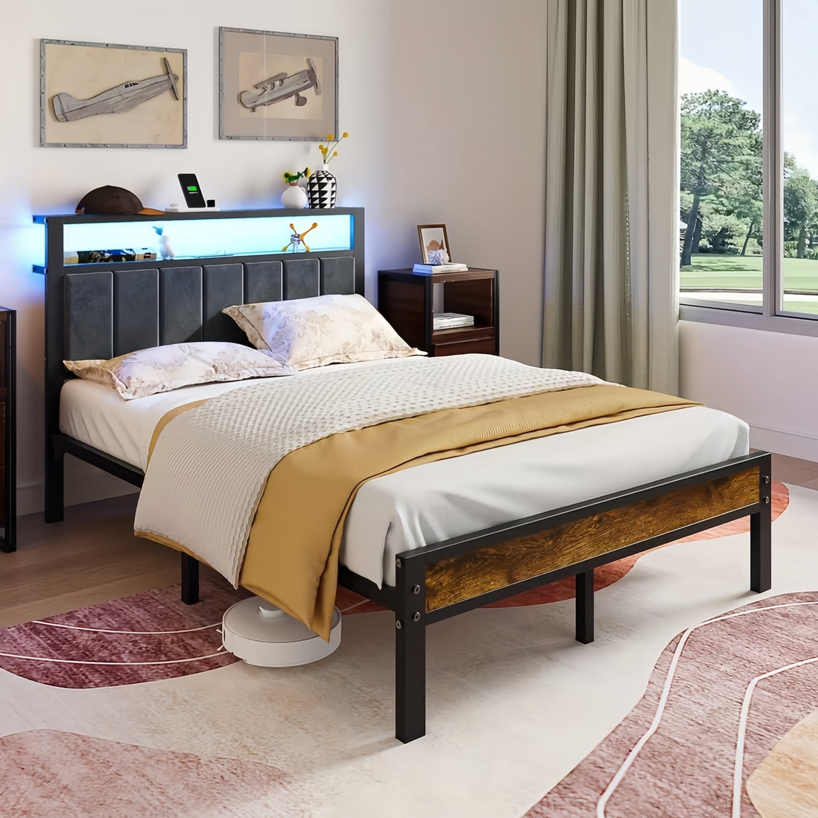 Kbun Queen Size Bed Frame with Headboard Storage Metal Platform Bed with Charging Station, Upholstered Tufted Storage Headboard,Noise-Free, No Box Spring Needed, Easy Assembly, Rustic